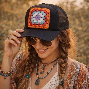 “DIY” Trucker Hat OTTO Black SnapBack Cap Crochet Granny Patch Hippie Festival